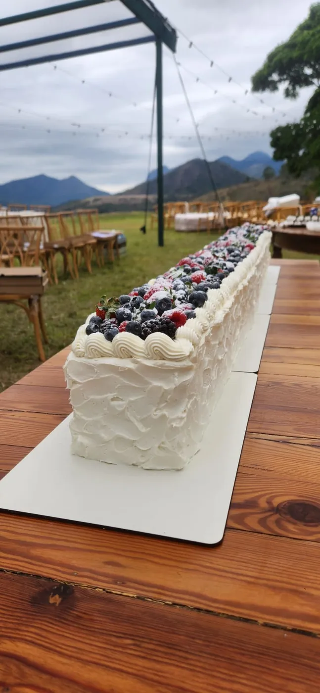 Long cake coberto com frutas vermelhas, na mesa da festa