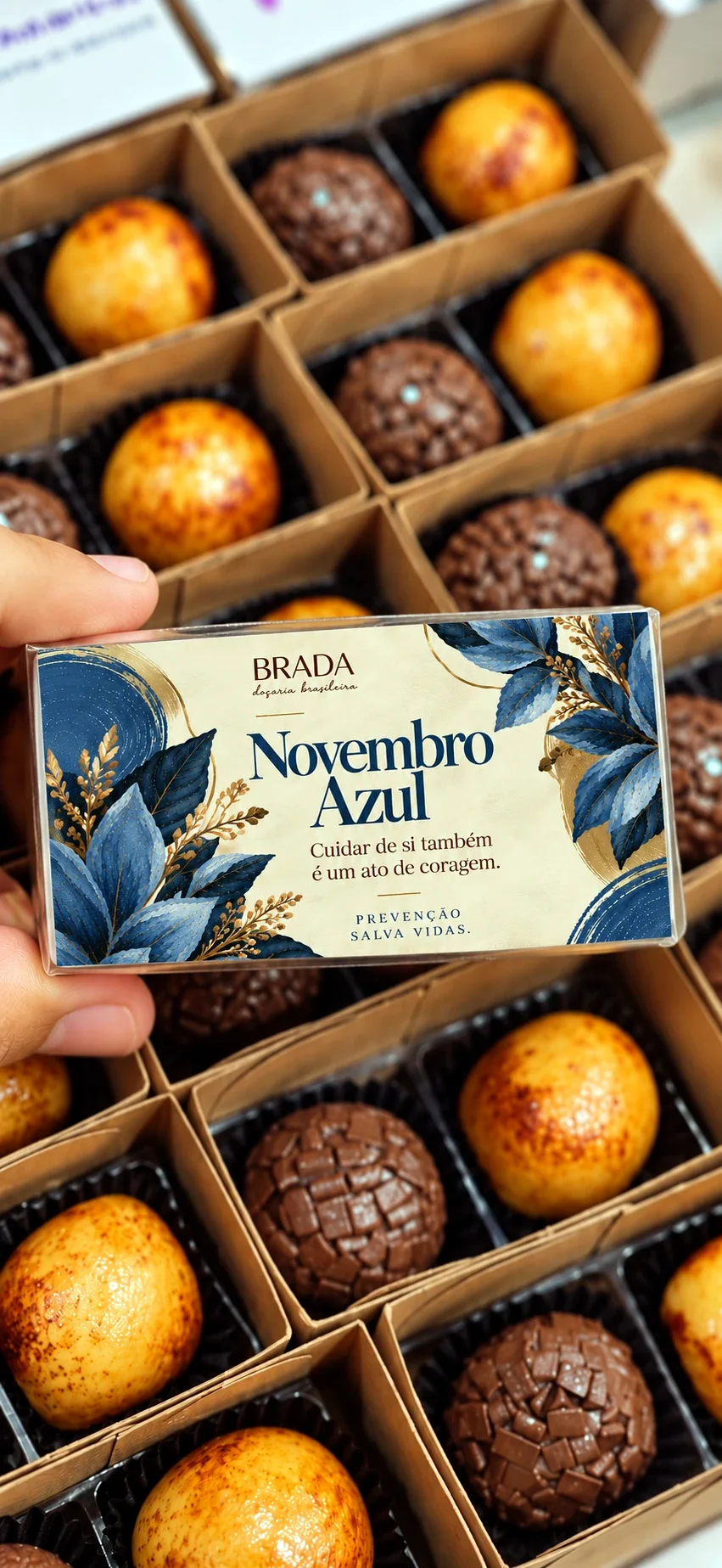 Caixinhas de brigadeiros com a tag de uma campanha, na mão de quem entrega