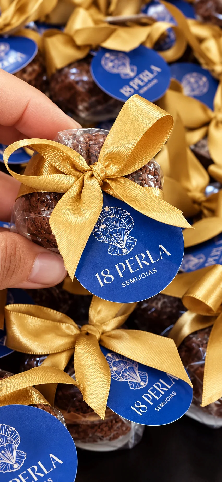 Brigadeiro embalado com laço dourado e a tag de um cliente