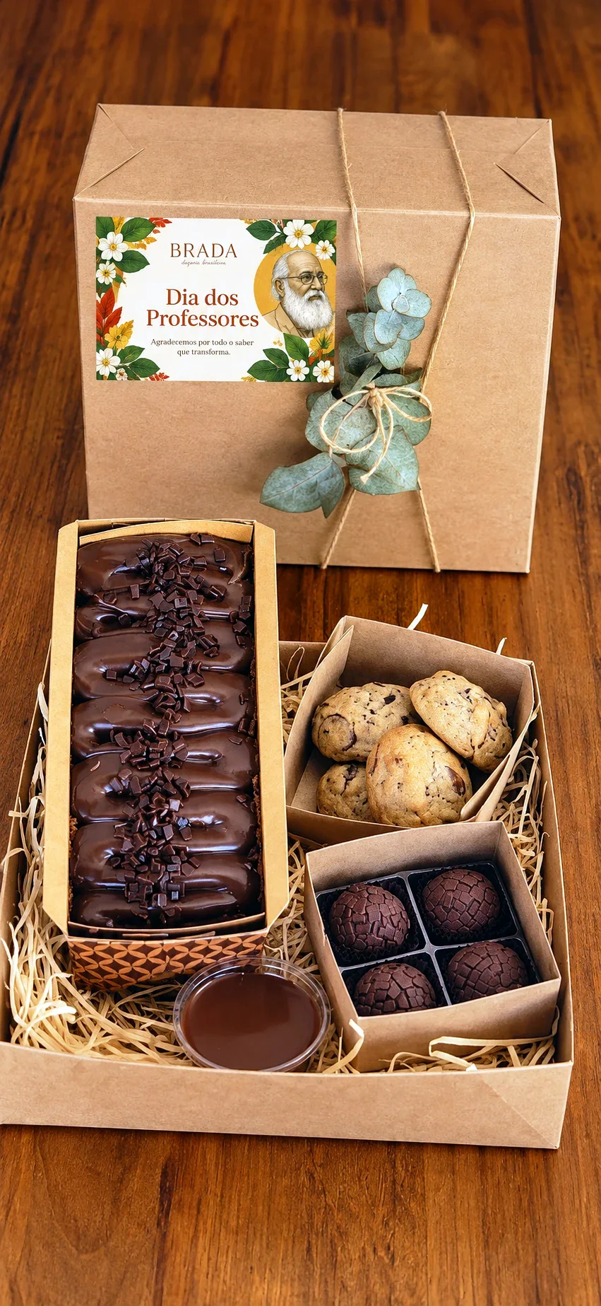 Caixa kraft aberta com bolo, cookies, brigadeiros e calda