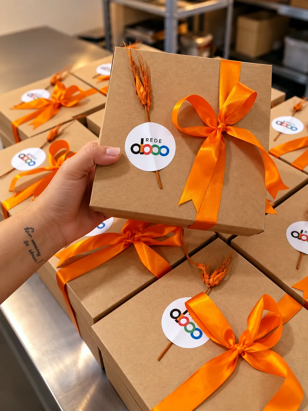 Caixas kraft com laço laranja, ramo de trigo e o adesivo de um cliente
