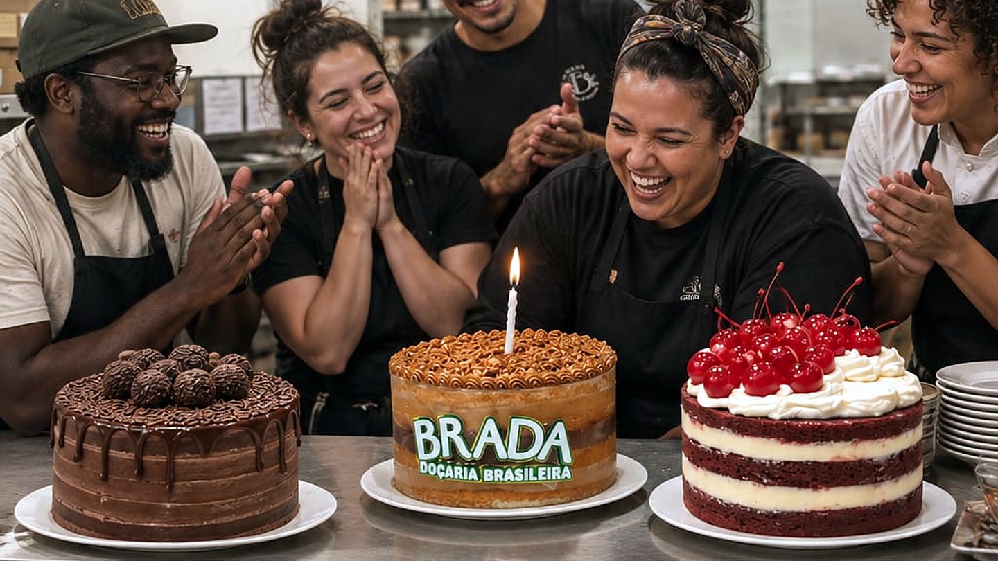 Equipe da Brada reunida na produção em volta de três bolos, com a vela acesa no bolo que leva a marca no topo
