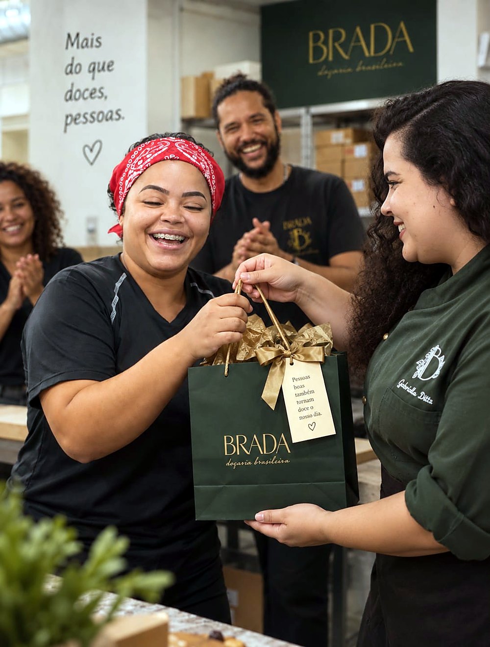 Uma integrante da equipe da Brada recebendo a Sacola Mimo verde das mãos de uma colega, com o time aplaudindo ao fundo