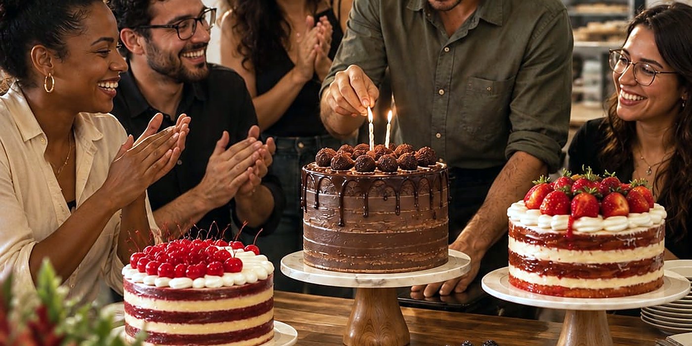 Equipe reunida em volta da mesa com três bolos da Brada, aplaudindo, com as velas acesas